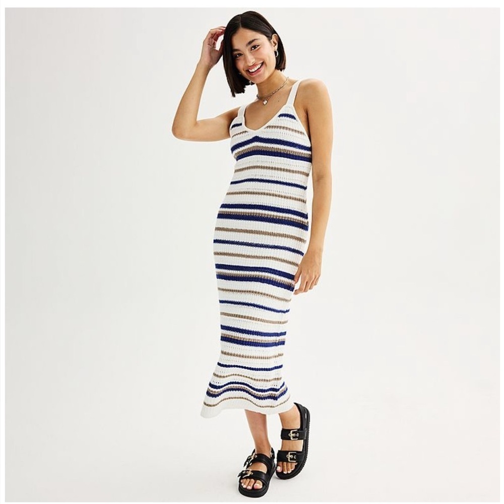 Freshman Womens Striped Crochet Knit Midi Dress White Navy Tan V-Neck Large